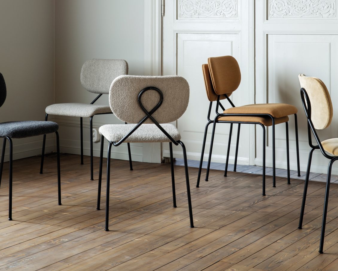 Løkke dining chairs in different fabrics.